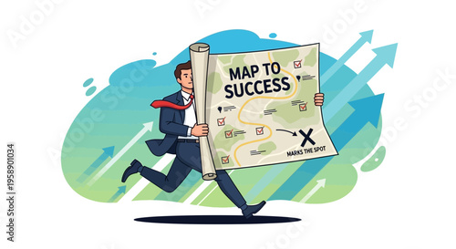 Businessman Races Towards Success Holding a Detailed Map