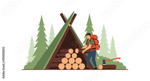 Camper Gathering Firewood For Wilderness Shelter Adventure