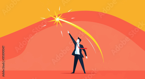 Businessman Reaching For A Bright Shooting Star In A Vibrant Abstract Sky