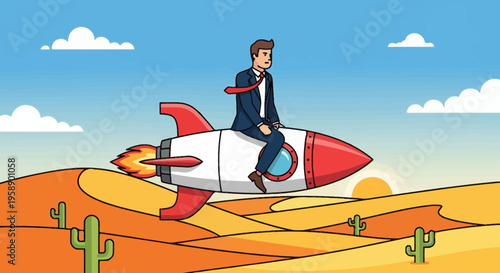 Businessman Riding Rocket Through Desert Landscape On Speed Of Light