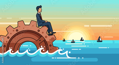 Businessman Rides Giant Gear Over Ocean Waves At Sunset Sailing Towards Opportunities