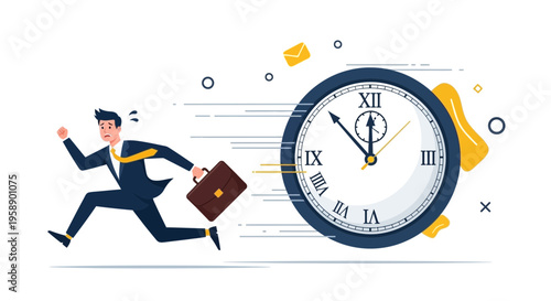 Businessman Running Late For Important Meeting With Deadline Clock