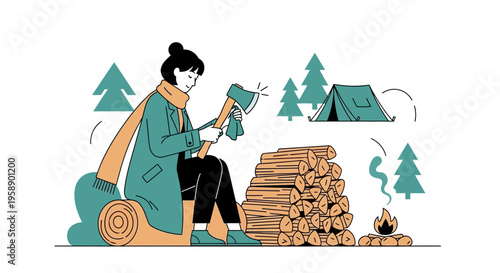 Camping Season Preparation With Firewood Chopping And Tent Setup Outdoor Adventure Lifestyle