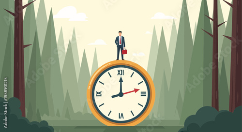 Businessman Standing On Clock In Forest Representing Time Management