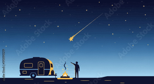 Camping Under A Shooting Star With A Caravan And Campfire
