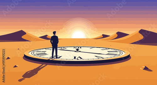 Businessman Standing On Giant Clock In Desert At Sunrise Conceptual