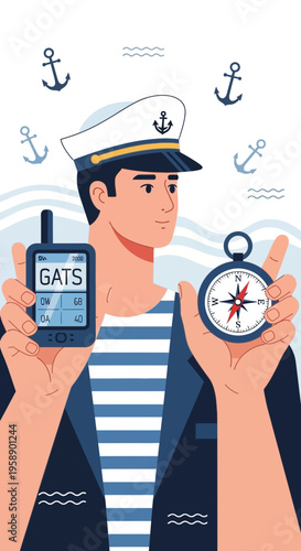 Captain Navigates With Modern Gadget And Classic Compass
