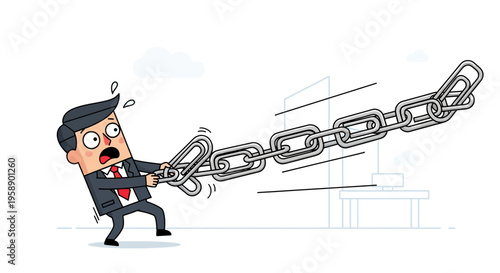Businessman Struggling With Heavy Chain Demonstrating Corporate Challenges