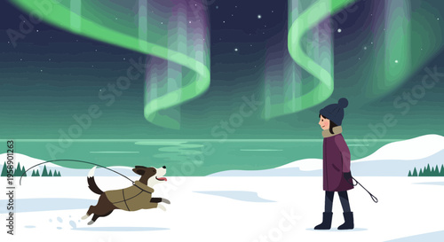 Captivating Aurora Borealis Over A Snowy Landscape With A Person And Dog