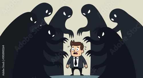 Businessman Surrounded By Dark Shadow Figures Illustrating Fear And Anxiety