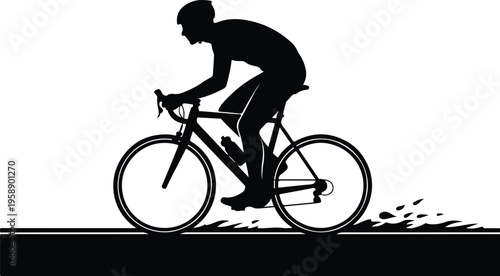 Black and white silhouette of a cyclist riding a road bike on a paved path