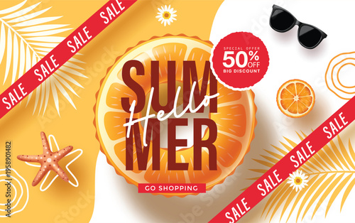 Hello Summer Sale Vector Banner With Orange Inflatable Float Sunglasses Starfish And Tropical Leaves