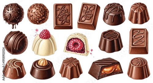 Watercolor Assorted Chocolate Pralines Collection Isolated