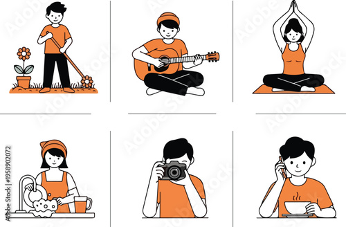 Collection of illustrations depicting people engaged in various hobbies and daily life activities