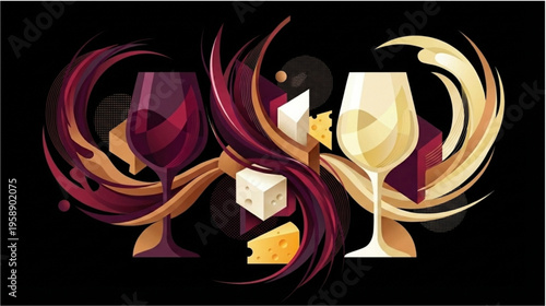 Elegant wine and cheese pairing in a geometric abstract gourmet style.