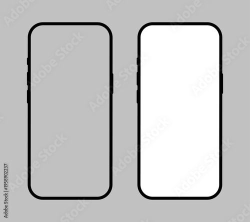 Mobile phone black icon with grey and white screen. Smartphone black frame. Gadget symbols. Sign for website design, app ui, mobile app. Blank smart phone template. Device front view.