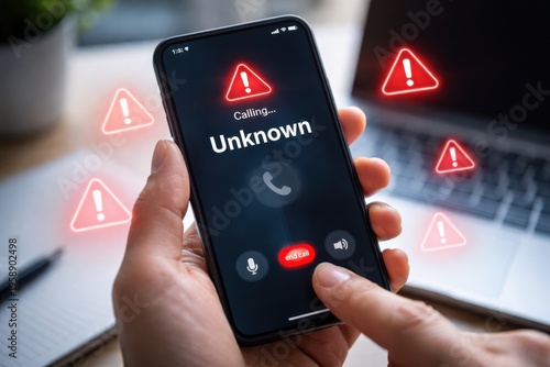 Spam Call Warning with Unknown Caller Alert and Mobile Security Risk Concept