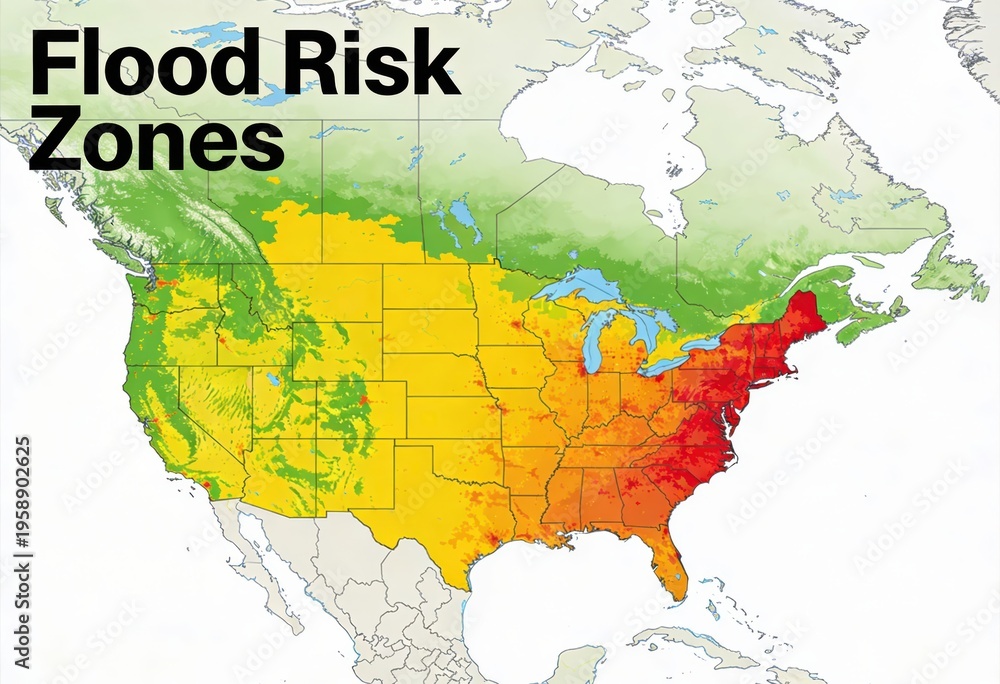 Naklejka premium Comprehensive Analysis of North American Flood Risk Zones Highlighting Geographic Vulnerability and Climate Impact on Urban Planning and Wellbeing