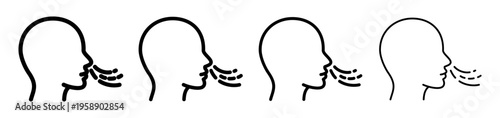 Human breathing outline pictogram, airflow symbol near face profile with different line thicknesses. Respiratory concept including cough, sigh or air quality indication. Medical and wellness icon.