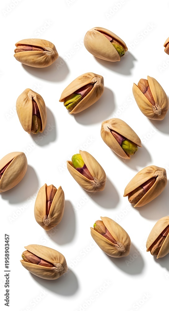 Fototapeta premium Pistachios on White - A Close-Up of Shelled Nuts.