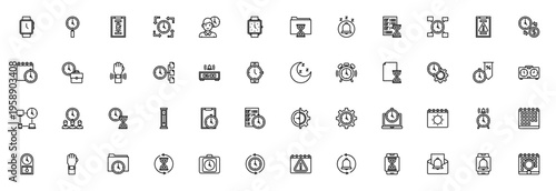 Time management icon set. Vector icons for productivity, scheduling, deadlines, alerts, calendars, meetings, and more. Editable stroke.