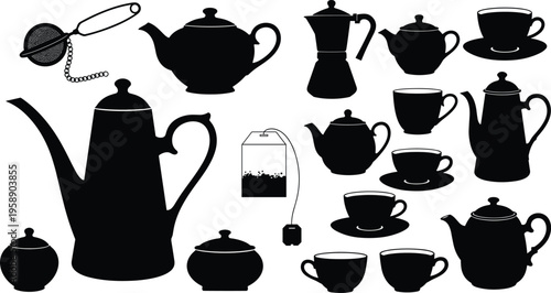 Large Silhouette Vector Collection of Tea and Coffee Kitchenware Featuring Teapots Cups Saucers Tea Bag Infuser Moka Pot and Sugar Bowls