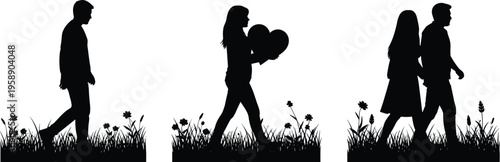 Man walking alone woman carrying heart and happy couple in meadow silhouette for unrequited love breakup loneliness and
