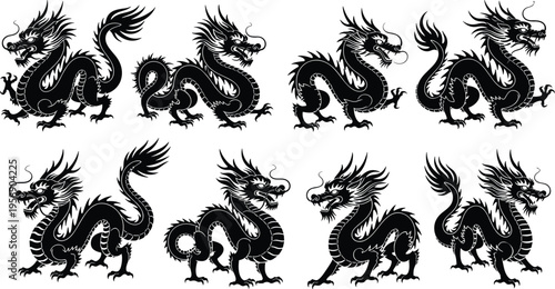 Set of black Chinese dragon silhouettes with traditional oriental scales and long tails isolated on white background for fantasy design,