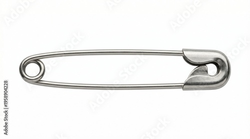 Shiny metallic safety pin, a classic and essential fastening tool, isolated horizontally on a clean white background, symbolizing security and practicality in everyday use and crafting