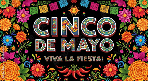 Cinco de Mayo Viva La Fiesta colorful flowers and peppers on black