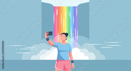 Capturing The Vibrant Rainbow Waterfall Moment With A Selfie