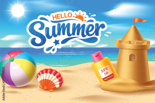 Hello Summer Typography on Sunny Beach with Sandcastle and Beach Ball Vector