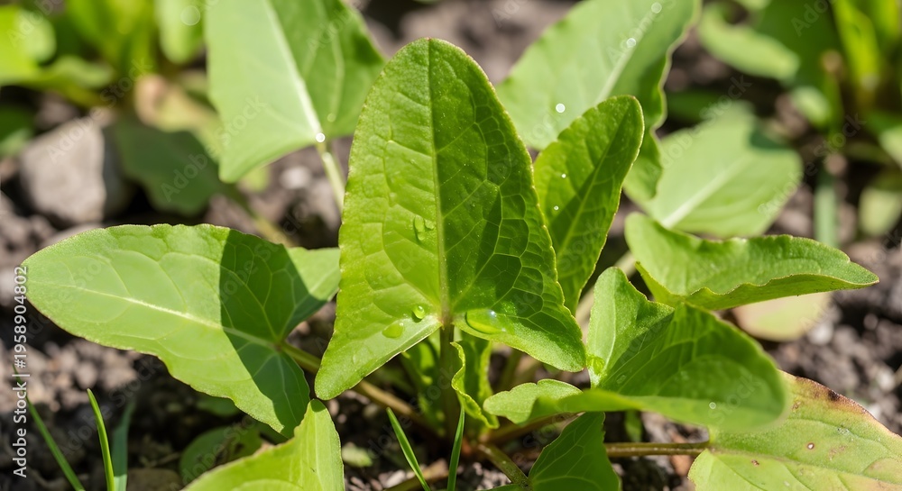 Obraz premium Closeup of a young green plant with broad leaves emerging from the soil.