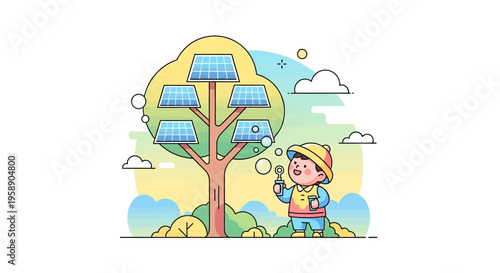 Cartoon Child With Solar Panel Tree And Bubbles