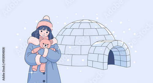 Charming Winter Scene With A Girl Holding A Teddy Bear And Igloo