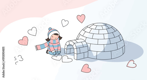 Charming Winter Scene With Igloo And Cute Child Surrounded By Hearts