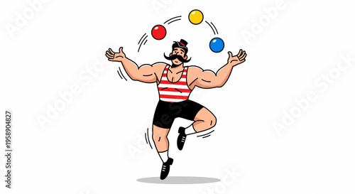 Cartoon Strongman Juggling Brightly Colored Balls In Mid-Air Performance