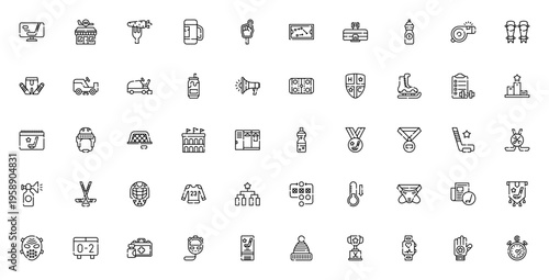 Hockey icon set. Vector sports collection. Includes symbols for helmet, skates, arena, strategy, training, protection, medal, whistle and more. Editable stroke.