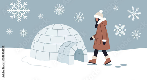 Charming Winter Scene With Person Approaching an Igloo
