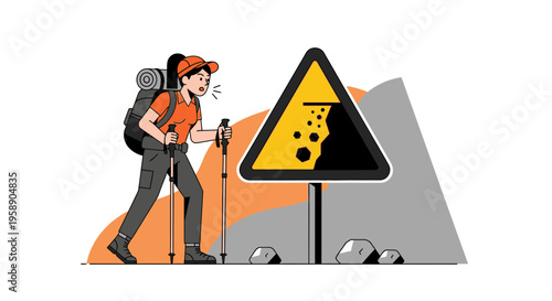 Cautious Hiker Encounters Falling Rocks Warning Sign