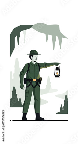 Cave Explorer Holding Lantern Illuminating Subterranean Wonders