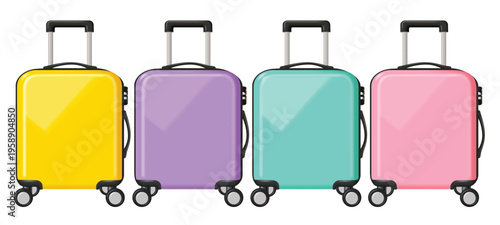 Set of Colorful Rolling Suitcases for Travel and Vacation Vector Illustration