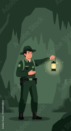Cave Explorer Guiding Through Mysterious Subterranean Wonders Holding Illuminated Lantern