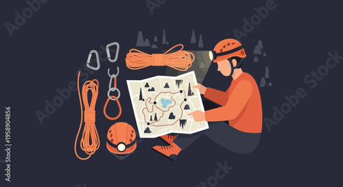 Cave Explorer Planning Expedition With Detailed Map Equipment And Gear