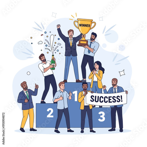 Celebrating Team Achievement and Victorious Accomplishment on Podium