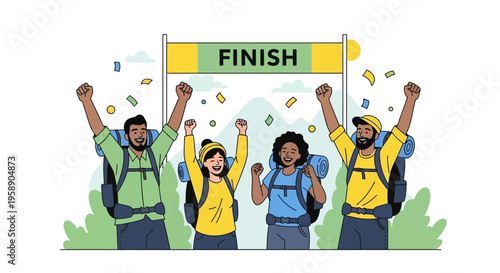 Celebration Of Diverse Hikers Reaching The Finish Line With Joyful Exclamations