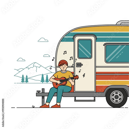 Cheerful Camper Enjoys Serene Mountain Serenade by Vintage Trailer