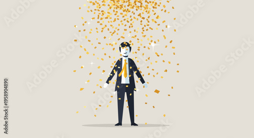 Celebration Of Success A Businessman Stands Amidst Falling Gold Confetti