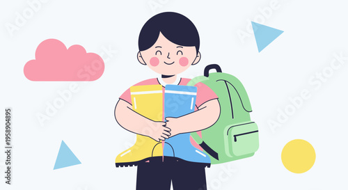 Cheerful Child With Backpack Holds Colorful Rain Boots Ready For Adventure