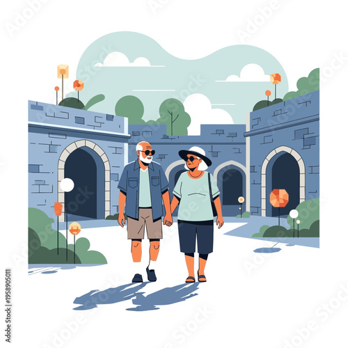 Cherished Couple Enjoys Scenic Walk Through Historic Courtyard